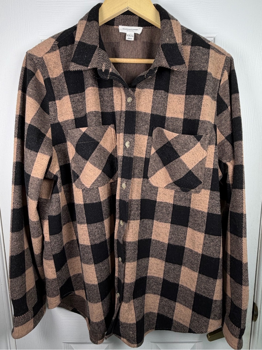 BeachLunchLounge Black Tan Plaid Shacket Women's XL Shirt Jacket Oversized Layer